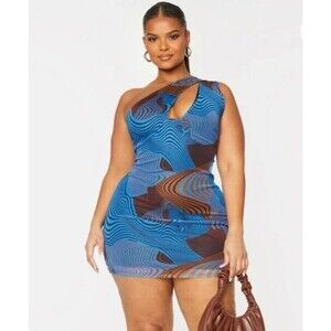 PrettyLittleThing Abstract Swirl Mesh One Shoulder Mini Dress NWT Sz 16
